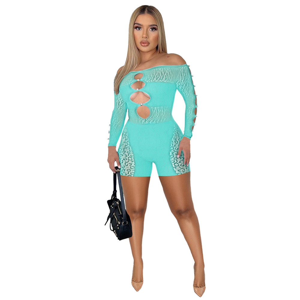 2023 Designer Hollow Out Rompers Spring Summer Clothes Women Long Sleeve Bodycon Jumpsuits One Piece Outfits Sexy Mesh Skinny Playsuits Club Wear Whol