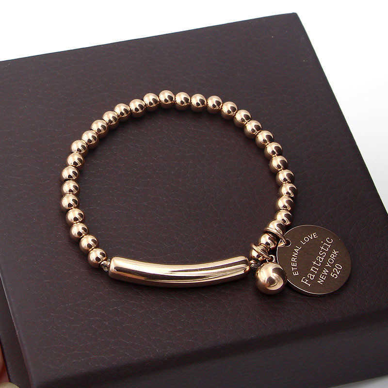 Link Chain Fine Jewelry Stainless Steel Ball Beads Bracelet For Women Circle Tag Charm Stretch Strand Bracelet K0001-2 G230208
