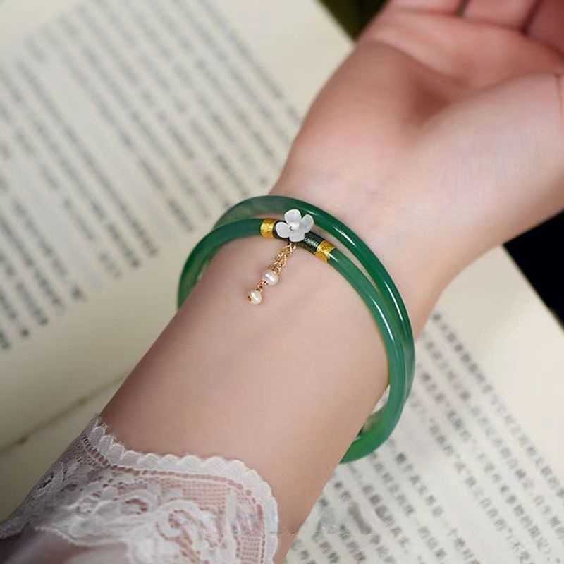 Link Chain 2PCS Natural Green Jade Bangle Bracelet Charm Fashion Thin Accessories Hand-Carved Lucky Amulet Gifts G230208
