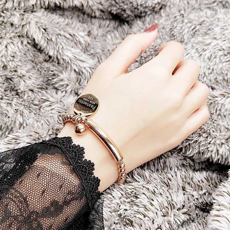 Link Chain Fine Jewelry Stainless Steel Ball Beads Bracelet For Women Circle Tag Charm Stretch Strand Bracelet K0001-2 G230208