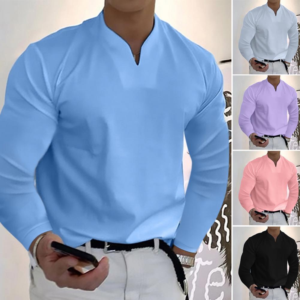 Mens Polos Spring Autumn Golf Clothes Fashion HighCollar Shirt Casual LongSleeved Polo Solid Color VTurtleneck Clothing 230209