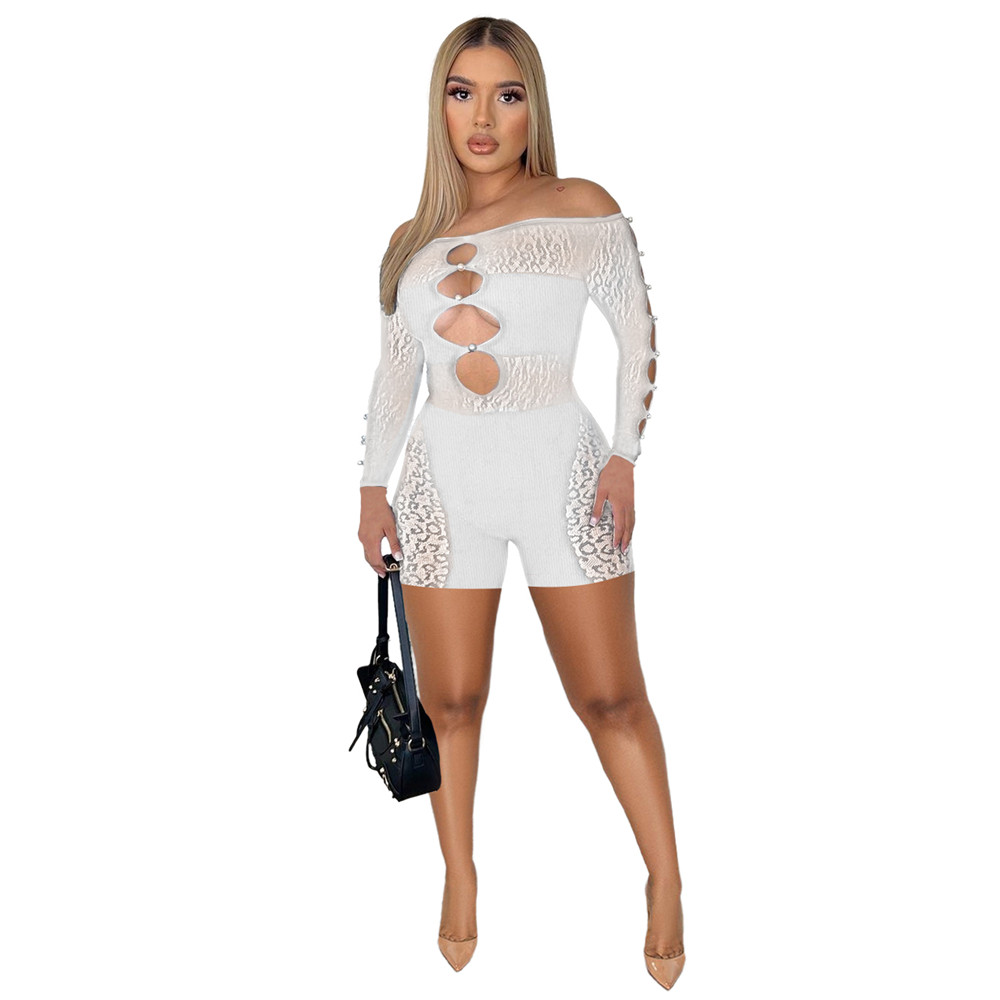 2023 Designer Hollow Out Rompers Spring Summer Clothes Women Long Sleeve Bodycon Jumpsuits One Piece Outfits Sexy Mesh Skinny Playsuits Club Wear Whol