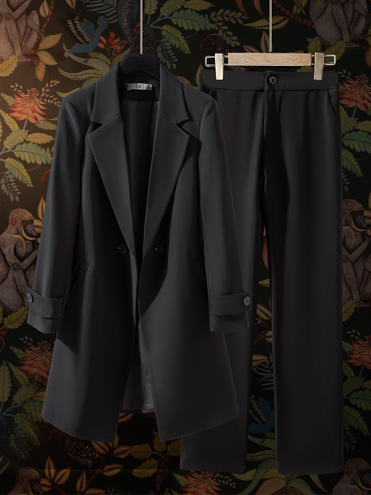 Womens Two Piece Pants Women Work Business Wear Pant Suit Red Blue Black Solid Long Formal Blazer Set Female Office Ladies Jacket and Trouser 2 230209