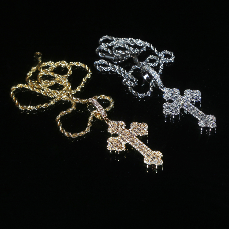 New Men Women Hip Hop Cross Pendant Necklace Full Paved Rectangle Cubic Zircon Rope Chain Iced Out Bling CZ Jewelry