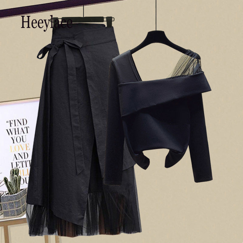 Women Mesh Patchwork Slash Neck Tops Asymmetric Skirt Two Piece Dress Casual Elegant Set Black 2024 B2