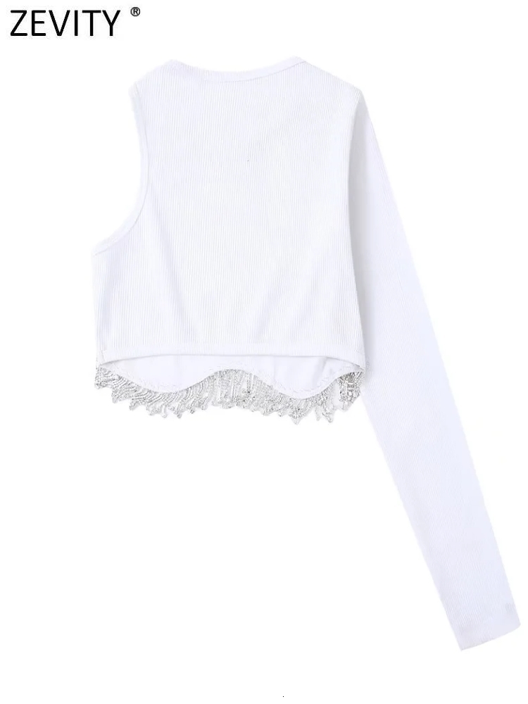 Women's Blouses Shirts Zevity Women Fashion Single Shoulder Hem Diamond Tassel Knitting Short Smock Blouse Female Slim Blusas Chic Crop Tops LS20