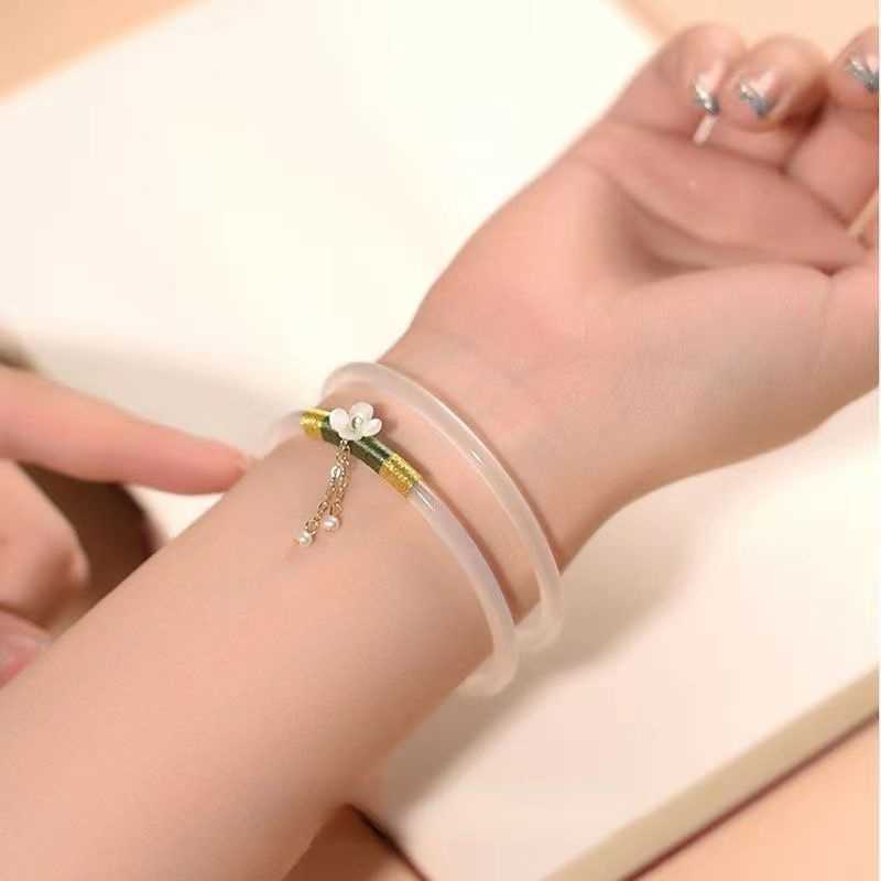 Link Chain 2PCS Natural Green Jade Bangle Bracelet Charm Fashion Thin Accessories Hand-Carved Lucky Amulet Gifts G230208