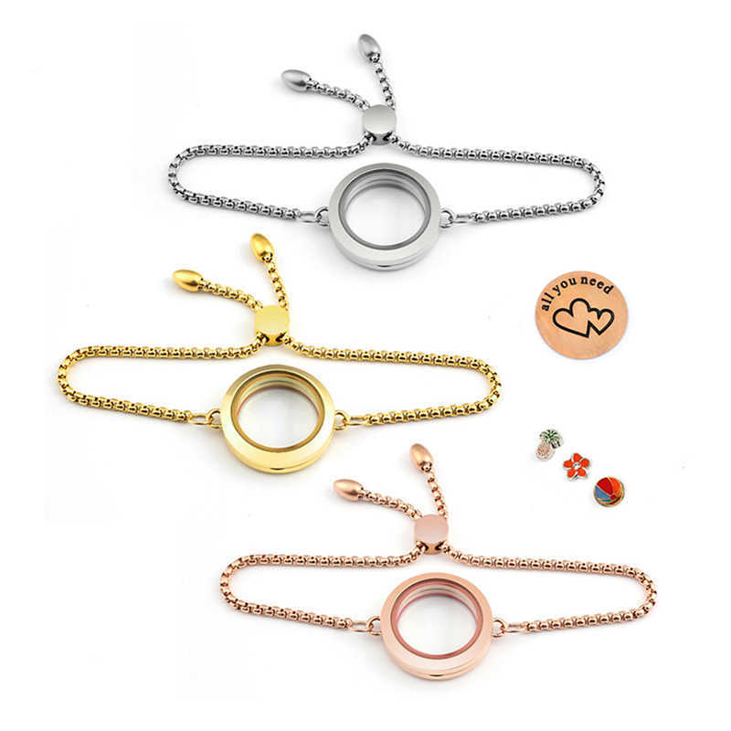 Link Chain URSJEWELRY 316L Stainless Steel 25mm 30mm Twist Locket Bracelet Floating Charm Locket Clear Glass Pendant with Adjustable Chain G230208