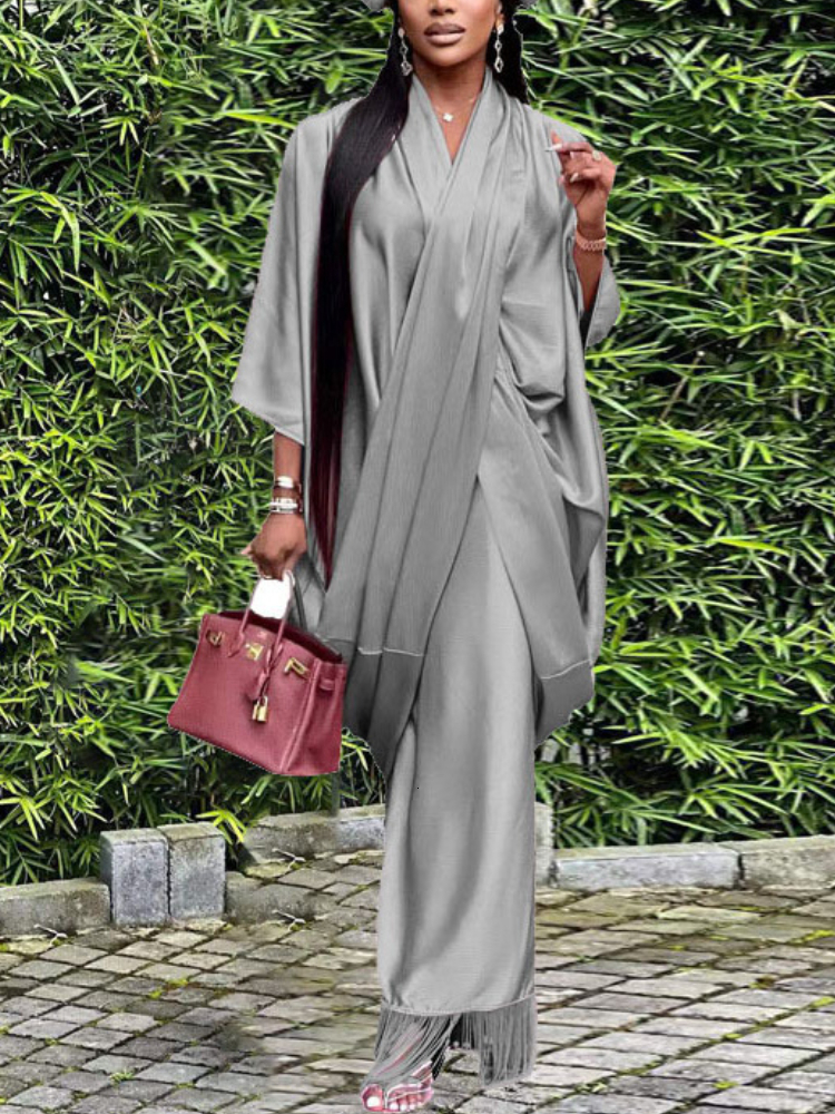 Two Piece Dress Muslim Islamic Abaya for Women 2 Set Loose Crossed Tops and Tassel Hem Sling Inner Suit Party Evening Outfits 230208