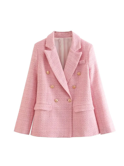 Womens Suits Blazers PTYSIC Beige Tweed Women Blazer Jacket Office Lady Solid Color Double Breasted Button Up Coat Casual Girls Streetwear 230209