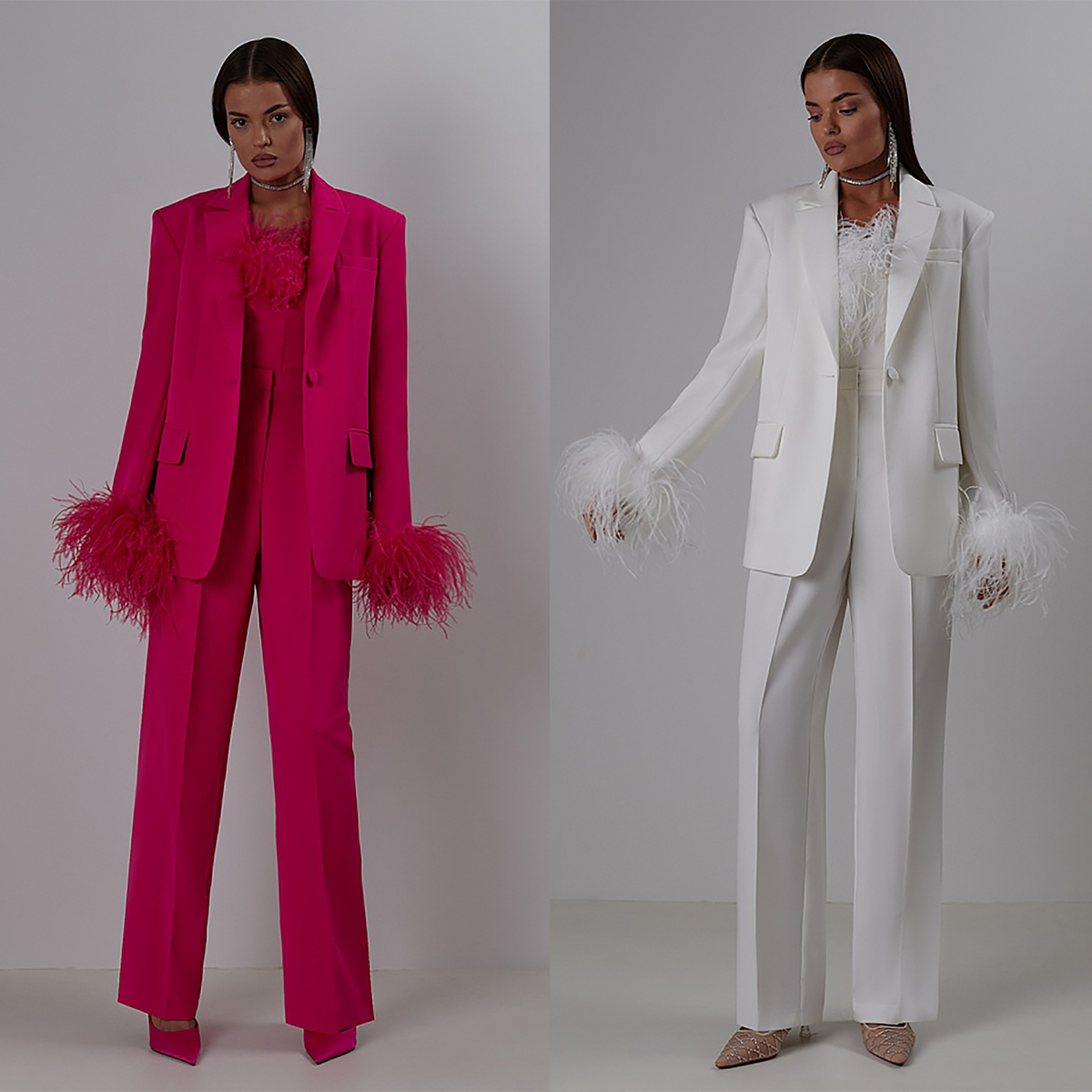 Celebrity Tailored Women Pants Suits Ostrich Feather Evening Party Wear For Wedding Wide Leg 3 Pieces 6660306