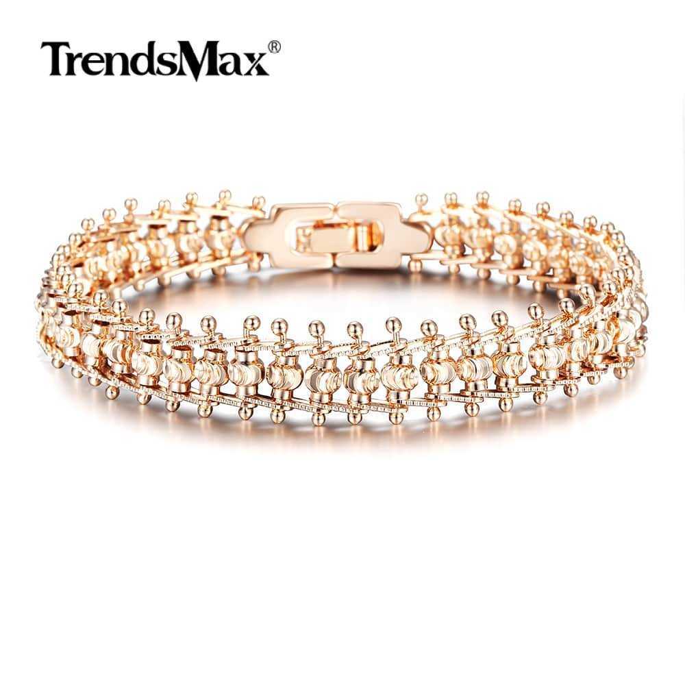 Link Chain Simple 585 Rose Gold Color Bracelet for Women Men Smooth Carved Beads Ball Chain Bangle Jewelry Dropshipping 7.5inch CB28 G230208