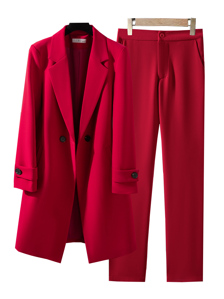 Womens Two Piece Pants Women Work Business Wear Pant Suit Red Blue Black Solid Long Formal Blazer Set Female Office Ladies Jacket and Trouser 2 230209