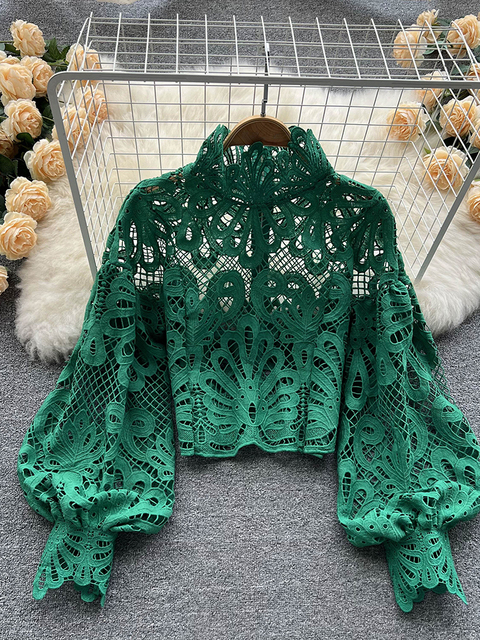 Women's Blouses Shirts Sexy Lace Hollow Out Short Blouse Casual Lantern Long Sleeve Stand Collar Shirts Female Elegant Red/Pink/White Loose Tops 