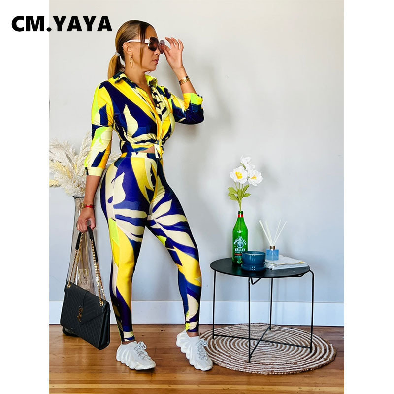 Women's Two Piece Pants CMYAYA Streetwear Leaf Printed Women Legging Suit and Long Sleeve Shirt Fashion Casual 2 Set Outfits Tracksuit 230208