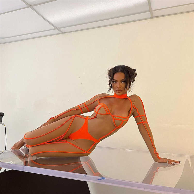 Women 2023 jumpsuits amp rompers Summer New Women's Fashion Mesh Splice Hollow Round Neck High Waist Tight Jumpsuit