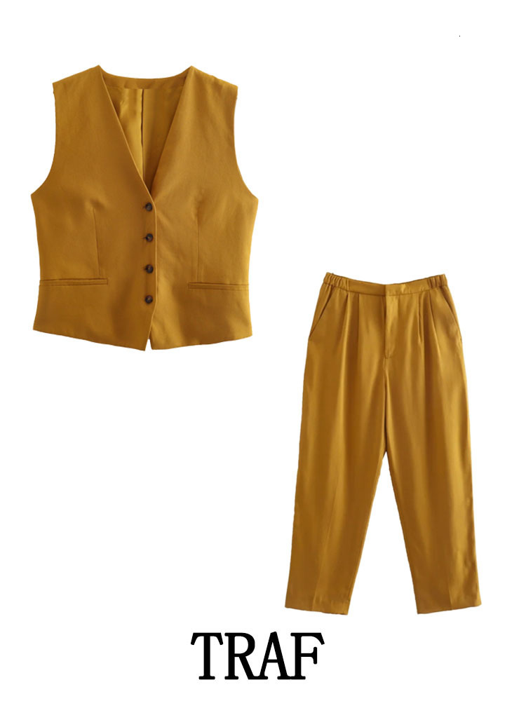 Womens Two Piece Pants TRAF Women 2 Pieces Commute Suit Sets Vest With Pocket Casual Pleated Fashion Office 230209wtt
