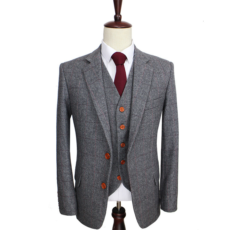 Mens Suits Blazers Wool Retro Grey Herringbone Tweed British style custom made suit tailor slim fit Blazer wedding suits for men 3 piece 230209