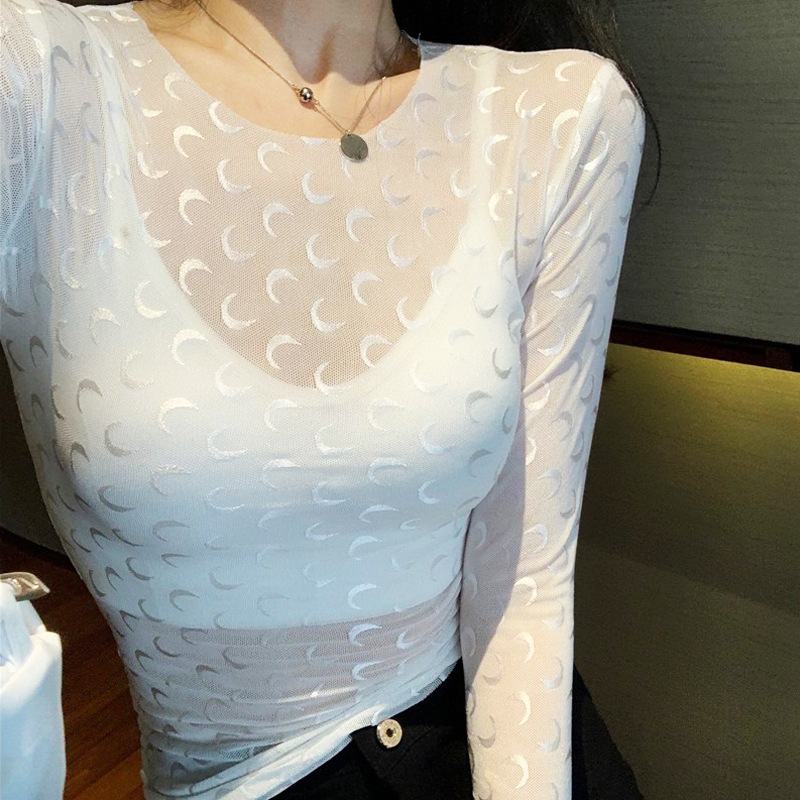 Transparent Mesh T Shirts Women Sexy Moon Flocking T-Shirts See Through Pullover Femme Tops Slim Bottoming Tee, Black
Transparent Mesh T Shirts Women Sexy Moon Flocking T-Shirts See Through Pullover Femme Tops Slim Bottoming Tee, Black