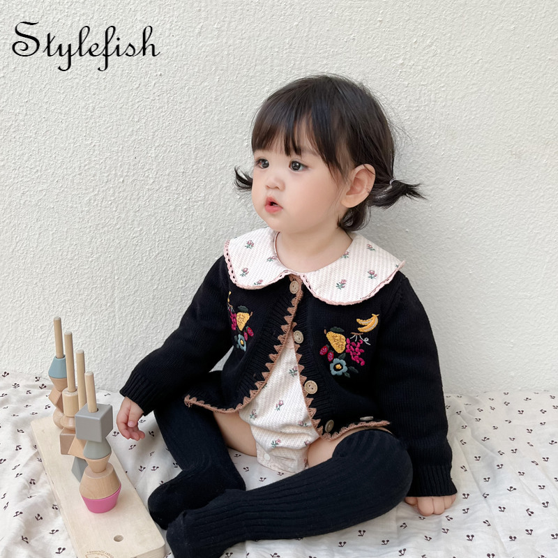 Pullover spring and autumn baby cardigan Baby Flower embroidered coats cotton yarn knitted coat 230209