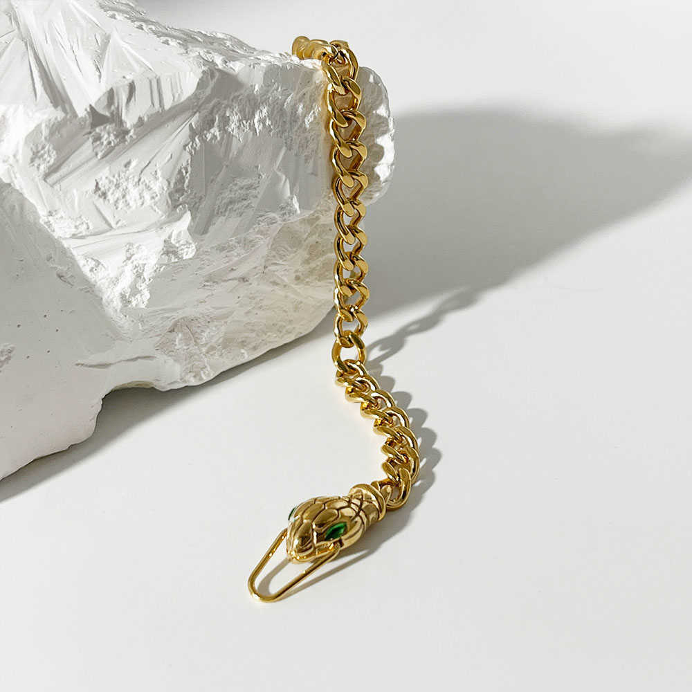Link Chain Peri'sBox Gold Color Green Eyes Snake Head Chain Bracelet For Women Punk Hip Hop Chunky Chain Bracelet Titanium Steel Jewelry G230208