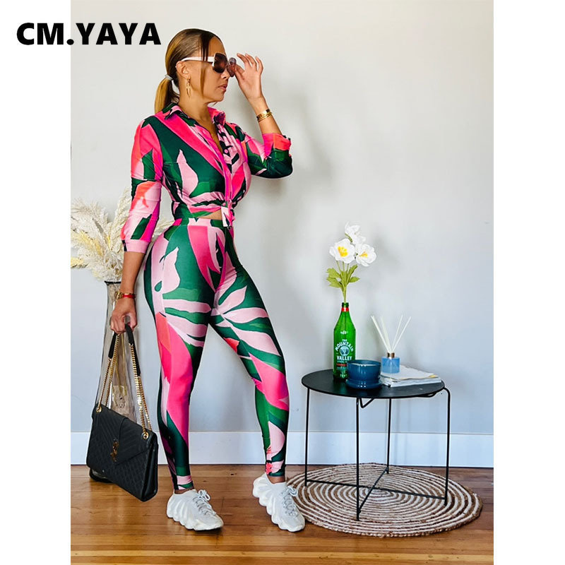 Women's Two Piece Pants CMYAYA Streetwear Leaf Printed Women Legging Suit and Long Sleeve Shirt Fashion Casual 2 Set Outfits Tracksuit 230208