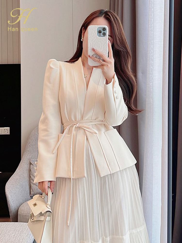 Two Piece Dress H Han Queen Autumn Skirt Suit Women Elegant Korean LaceUp Fashion Blazer Long Mesh Casual Evening Party 2Piece Set 230209