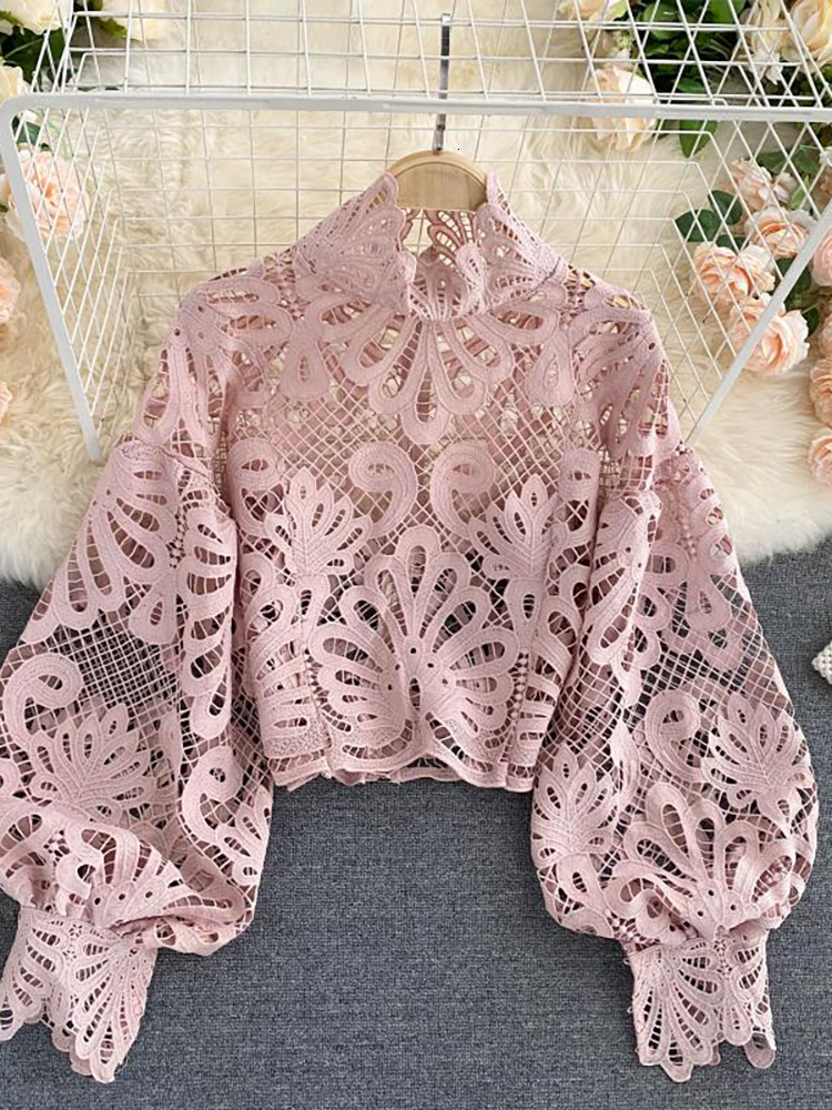 Women's Blouses Shirts Sexy Lace Hollow Out Short Blouse Casual Lantern Long Sleeve Stand Collar Shirts Female Elegant Red/Pink/White Loose Tops 
