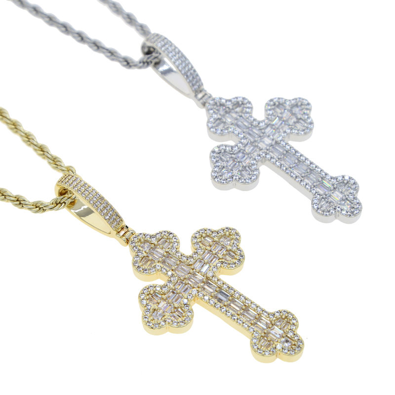 New Men Women Hip Hop Cross Pendant Necklace Full Paved Rectangle Cubic Zircon Rope Chain Iced Out Bling CZ Jewelry