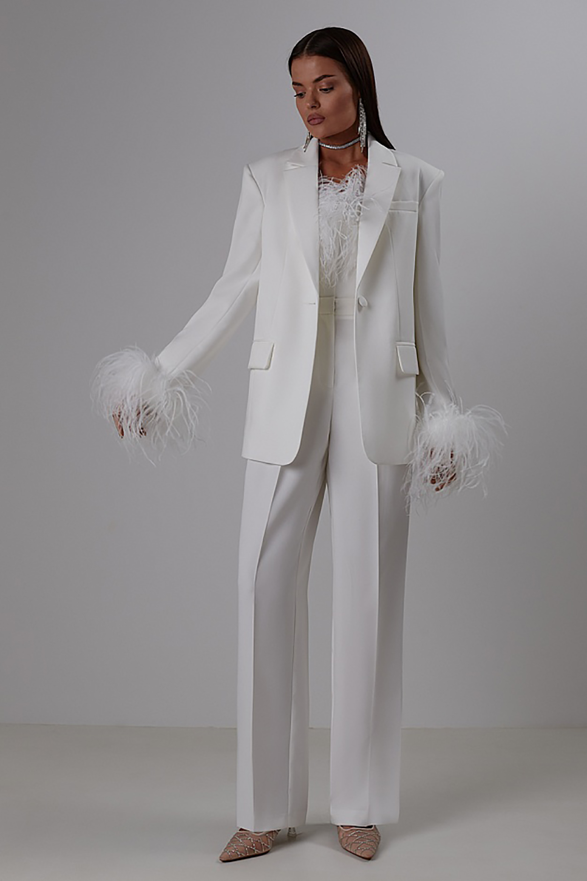Celebrity Tailored Women Pants Suits Ostrich Feather Evening Party Wear For Wedding Wide Leg 3 Pieces 6660306