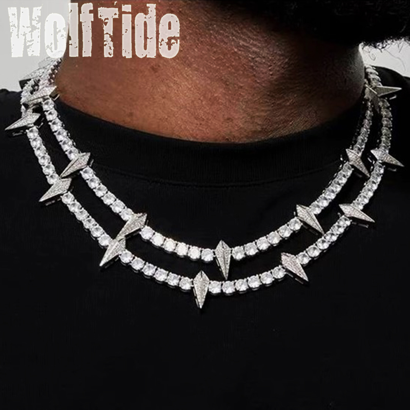 4mm Hip Hop Iced Out Spike Charm Tennis Necklace Full Rhinestone 18k Gold Color Luxury Punk Rock Hip Hop Rapper Night Club Wolf Tide Jewelry Gifts for