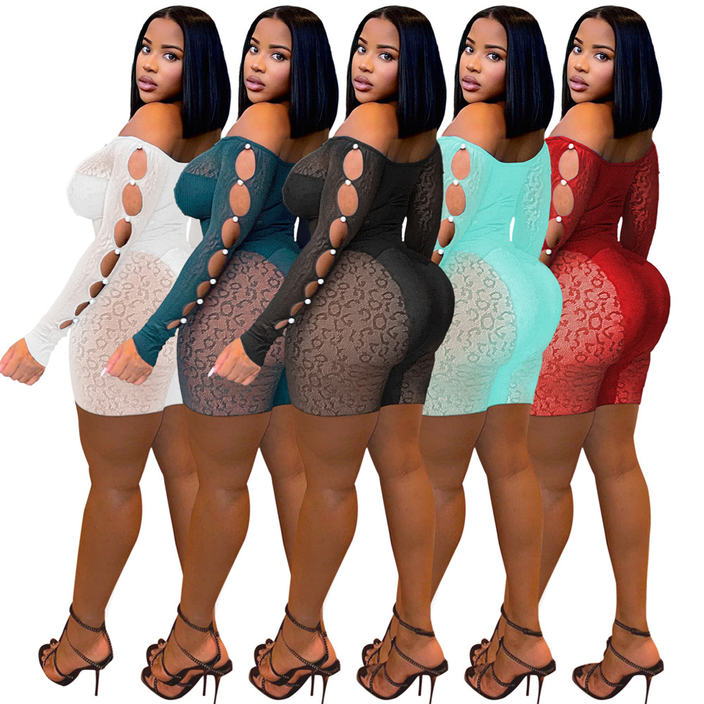 2023 Designer Hollow Out Rompers Spring Summer Clothes Women Long Sleeve Bodycon Jumpsuits One Piece Outfits Sexy Mesh Skinny Playsuits Club Wear Whol