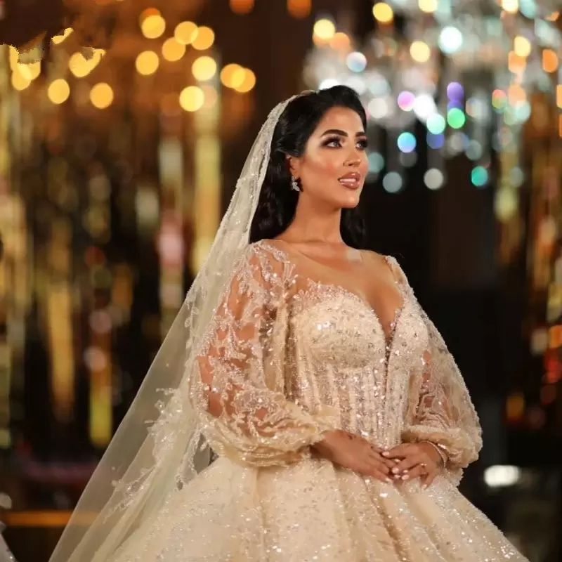 Stunning Princess A E Wedding Gowns For Arabic Women Sheer Long Sleeves Lace Applique Exposed Boning Dubai Bridal Dresses Robe De Marriage 0228Lz