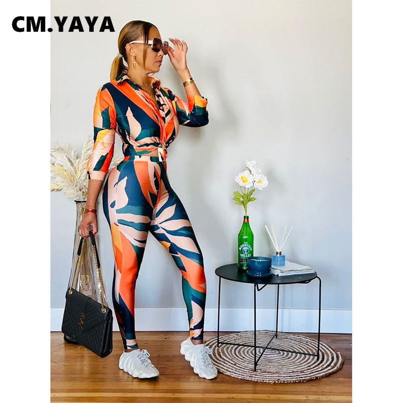 Women's Two Piece Pants CMYAYA Streetwear Leaf Printed Women Legging Suit and Long Sleeve Shirt Fashion Casual 2 Set Outfits Tracksuit 230208