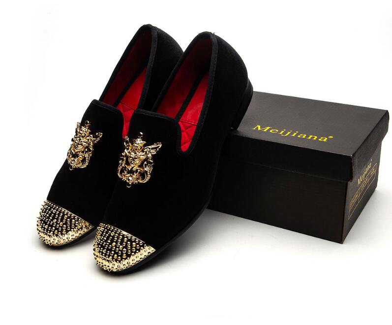 2023 New Luxury Men's Fashion Casual Shoes Gold/black/red Glitter Leisure Slip on Rivets Loafers Man Party Weeding Dress Shoes
