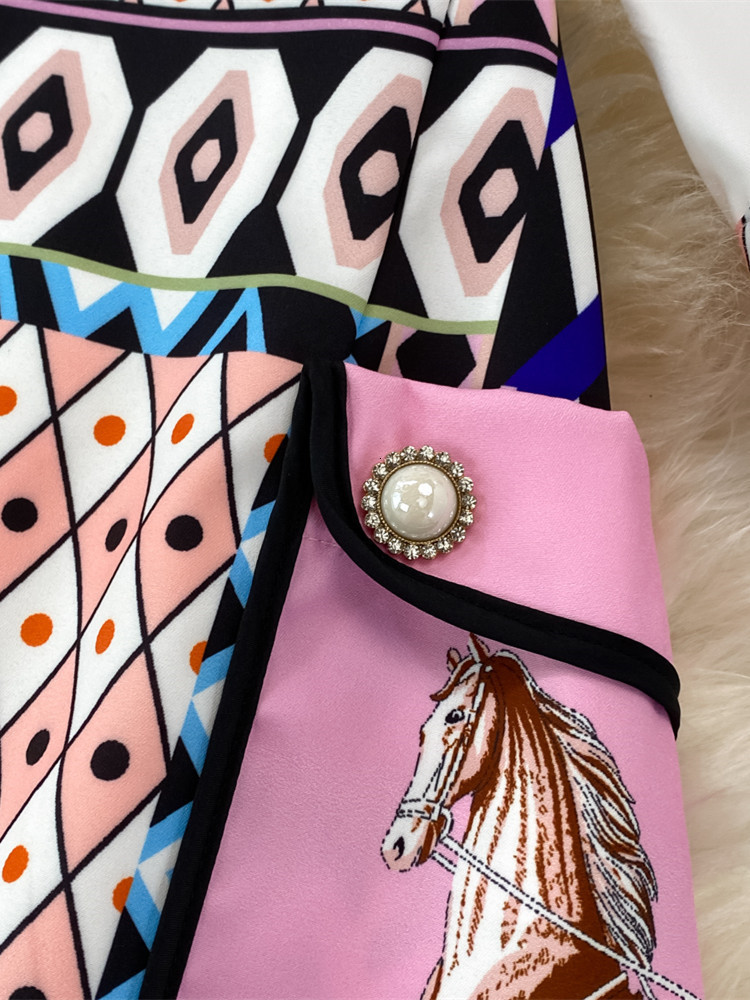 Two Piece Dress Fashion Runway Summer Skirt Suit Womens Horse Geometry Print Blouse And A Line Pocket Buttons 2 Set