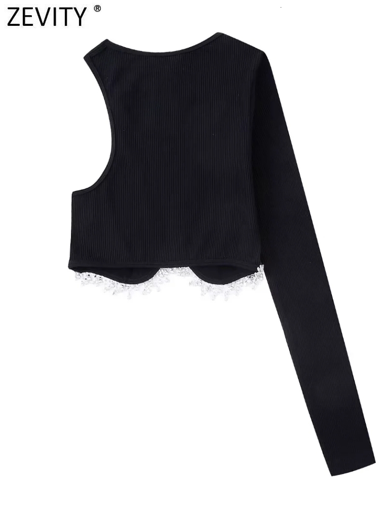 Women's Blouses Shirts Zevity Women Fashion Single Shoulder Hem Diamond Tassel Knitting Short Smock Blouse Female Slim Blusas Chic Crop Tops LS20