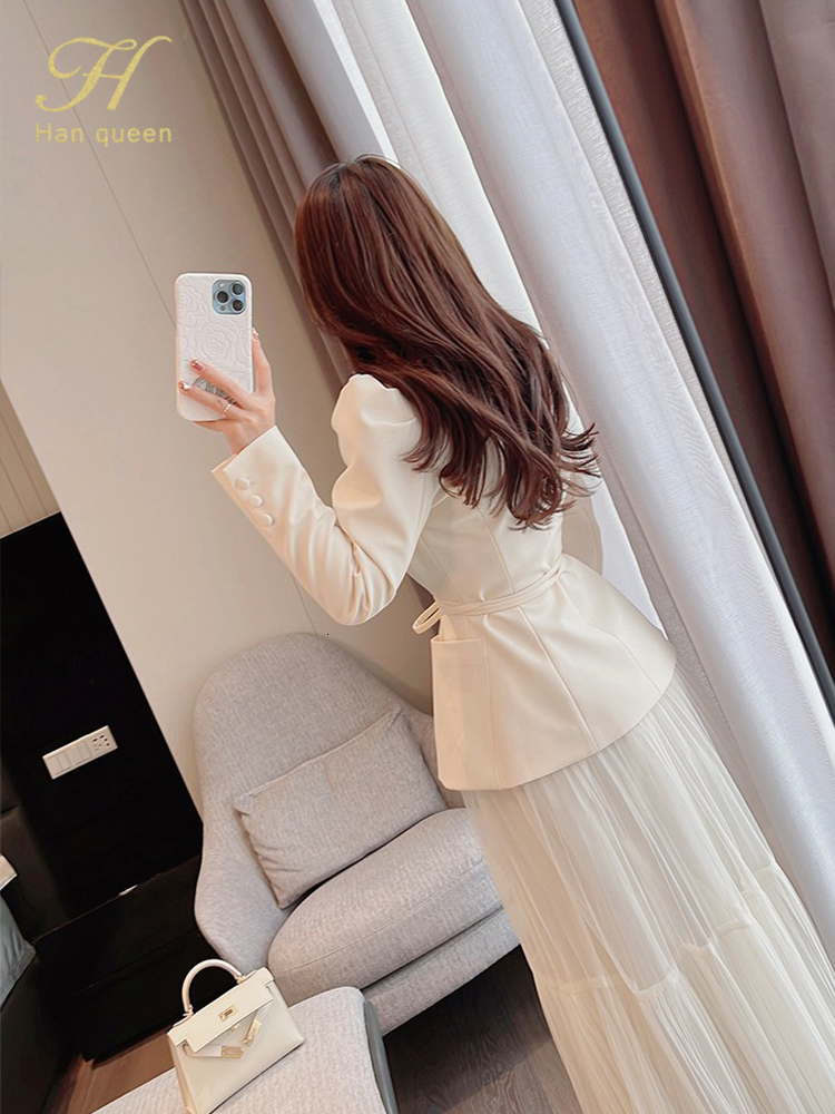 Two Piece Dress H Han Queen Autumn Skirt Suit Women Elegant Korean LaceUp Fashion Blazer Long Mesh Casual Evening Party 2Piece Set 230209
