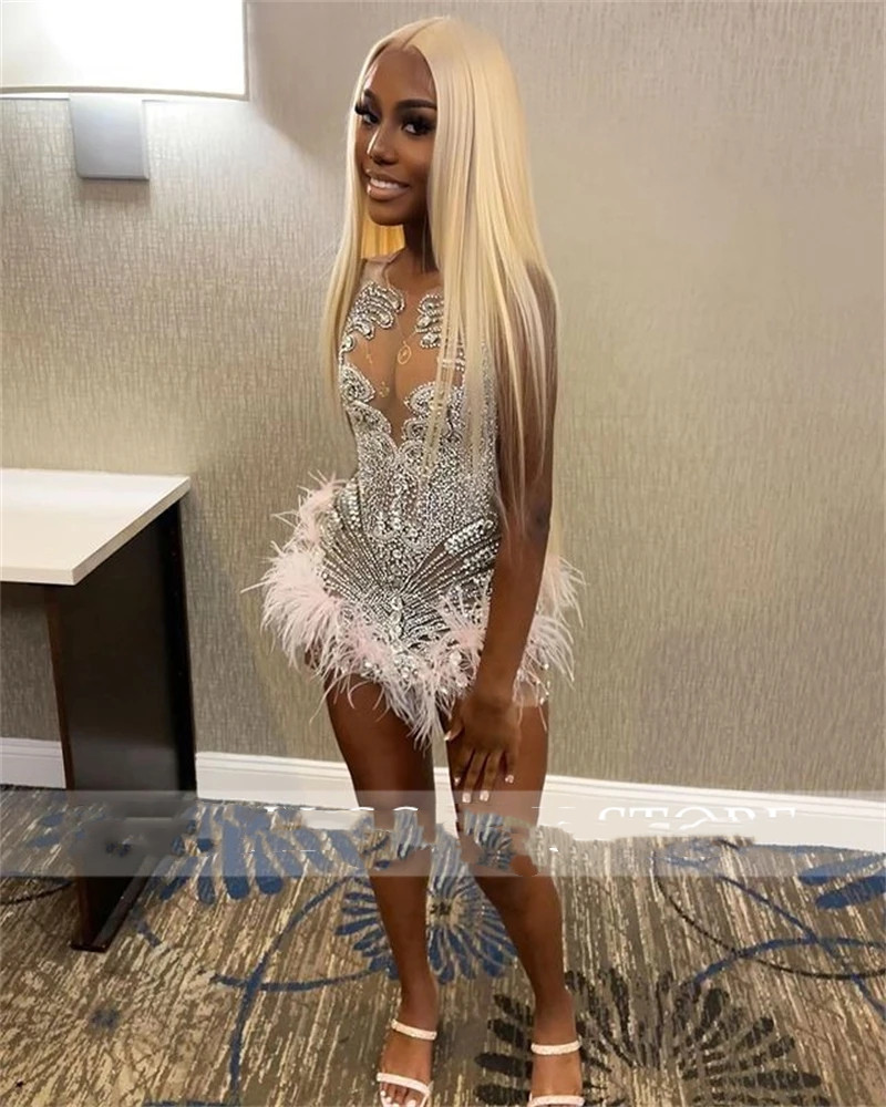 Sparkly Sheer O Neck Short Prom Dress 2023 Beaded Crystal Birthday Party Gowns Feather Mini tail Homecoming Robe De Bal
