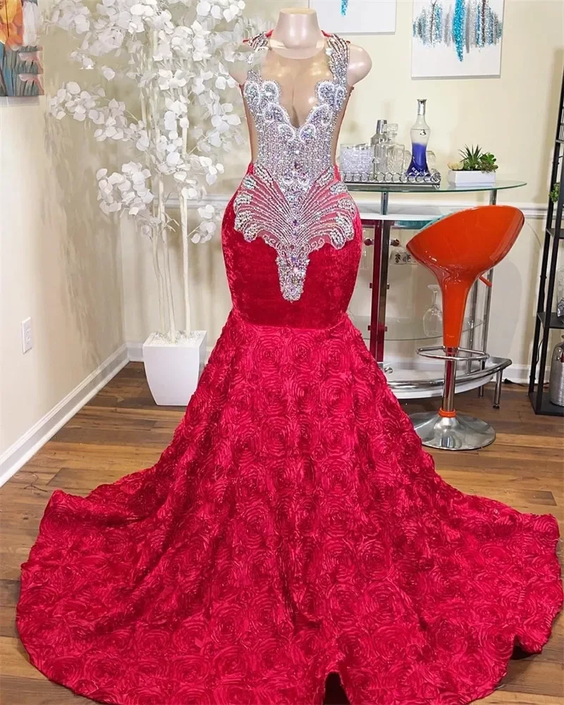 Red Sheer O Neck Long Mermaid Prom Dress For Black Girls Beaded Crystal Dia Birthday Party Dresses Ruffles Evening Gowns