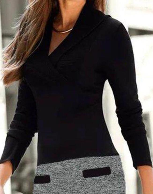 Casual Dresses Dressed For Women 2024 Elegant Work Office Lady Colorblock Long Sleeve V-Neck Mini Dress
