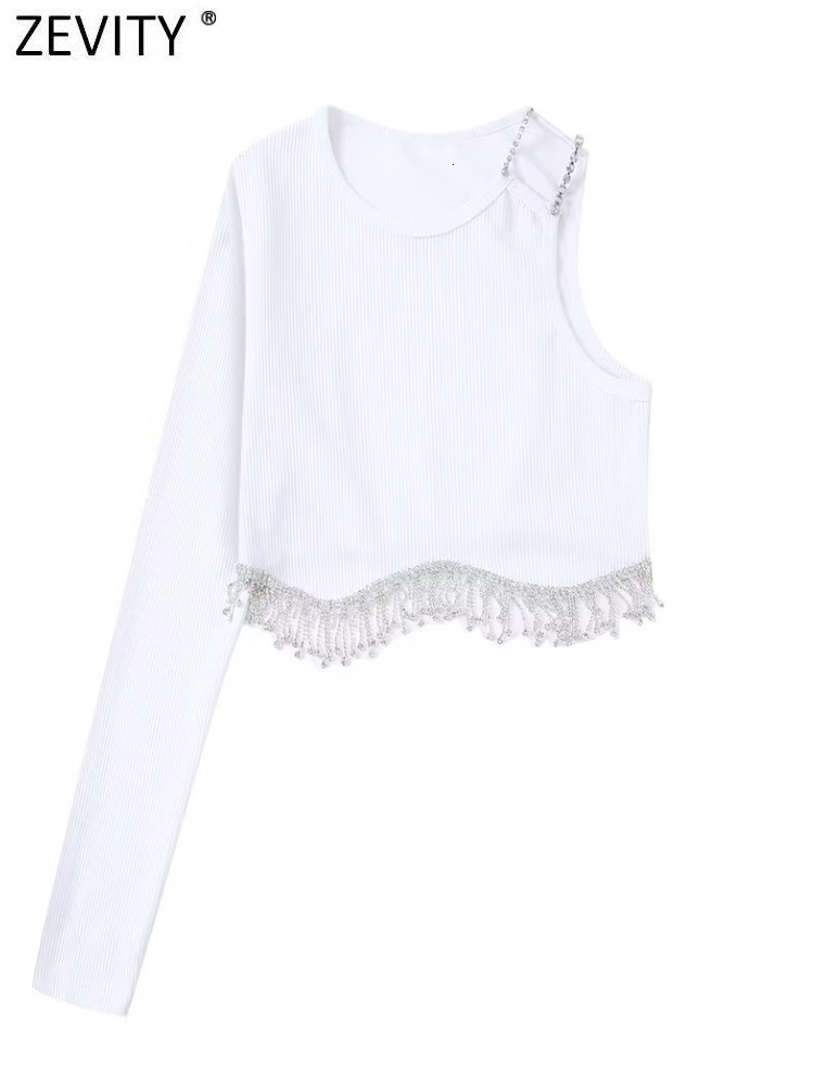 Women's Blouses Shirts Zevity Women Fashion Single Shoulder Hem Diamond Tassel Knitting Short Smock Blouse Female Slim Blusas Chic Crop Tops LS20