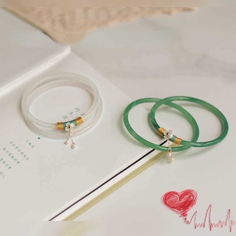 Link Chain 2PCS Natural Green Jade Bangle Bracelet Charm Fashion Thin Accessories Hand-Carved Lucky Amulet Gifts G230208