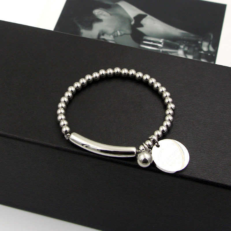 Link Chain Fine Jewelry Stainless Steel Ball Beads Bracelet For Women Circle Tag Charm Stretch Strand Bracelet K0001-2 G230208