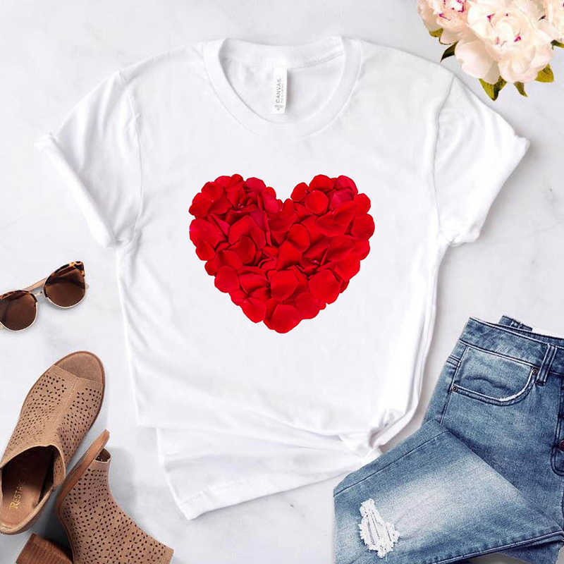 Women's T-Shirt Heart Flower Print Womens Ladies Casual Basis O-Collar White Shirt Short Sleeve Love Graphic Printing Y2302