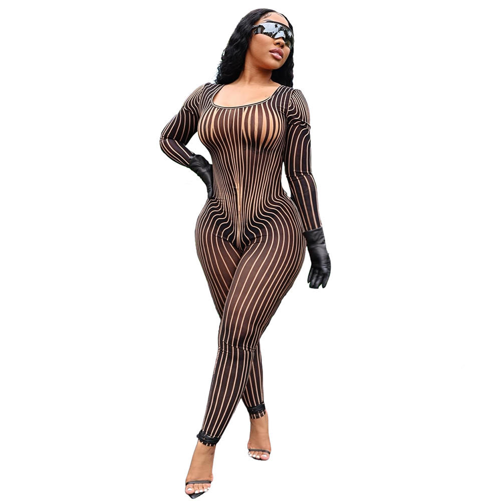 Designer Mesh Jumpsuits Women Bodycon Rompers Sexy See Through Long Sleeve Jumpsuits One Piece Outfits Spring Summer Clothes Night Club Wear Wholesale