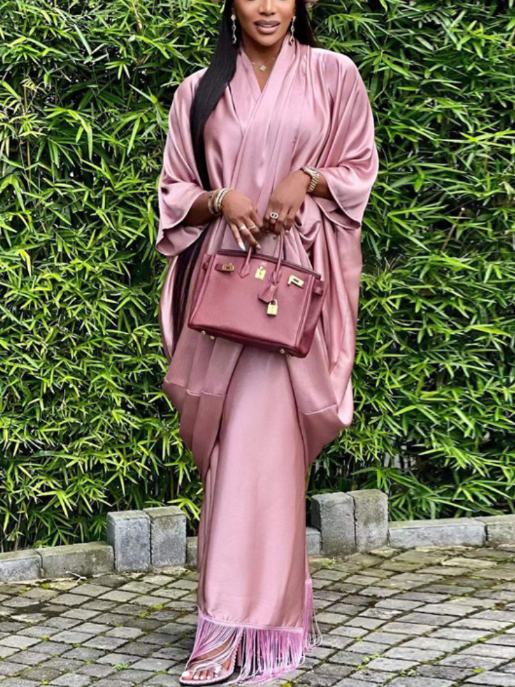 Two Piece Dress Muslim Islamic Abaya for Women 2 Set Loose Crossed Tops and Tassel Hem Sling Inner Suit Party Evening Outfits 230208