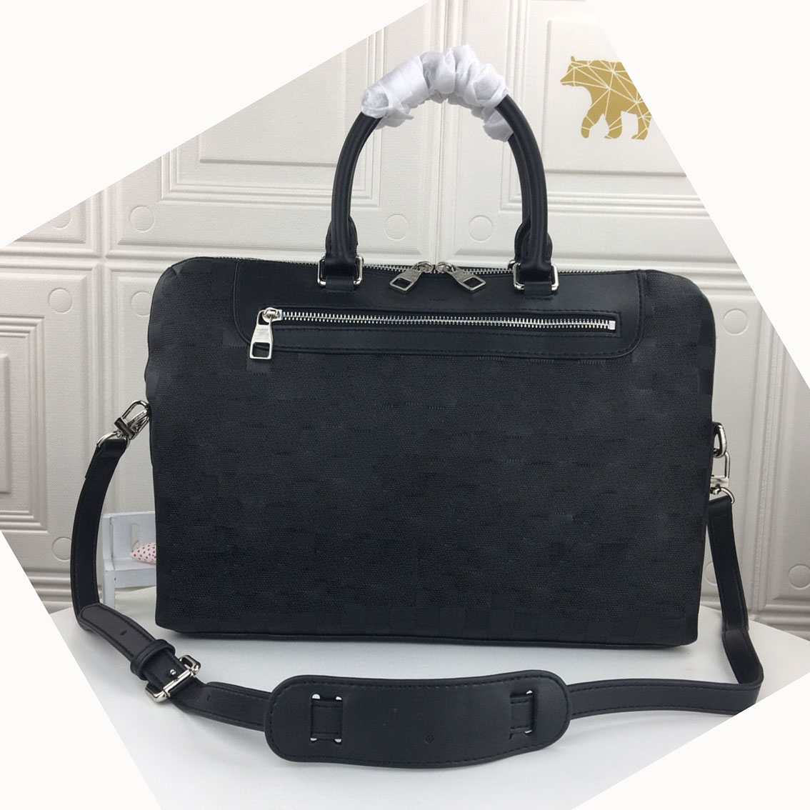 7A quality designer fashion luxury single zipper briefcase men shoulderbag women wallet men's and women's Black leather plaid bag
