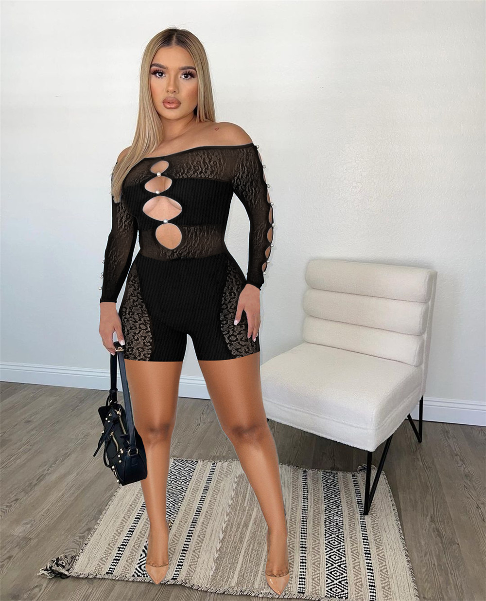 2023 Designer Hollow Out Rompers Spring Summer Clothes Women Long Sleeve Bodycon Jumpsuits One Piece Outfits Sexy Mesh Skinny Playsuits Club Wear Whol