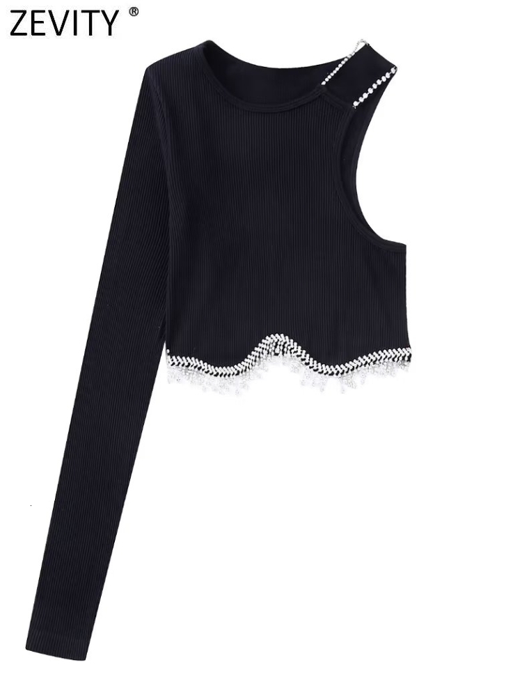 Women's Blouses Shirts Zevity Women Fashion Single Shoulder Hem Diamond Tassel Knitting Short Smock Blouse Female Slim Blusas Chic Crop Tops LS20